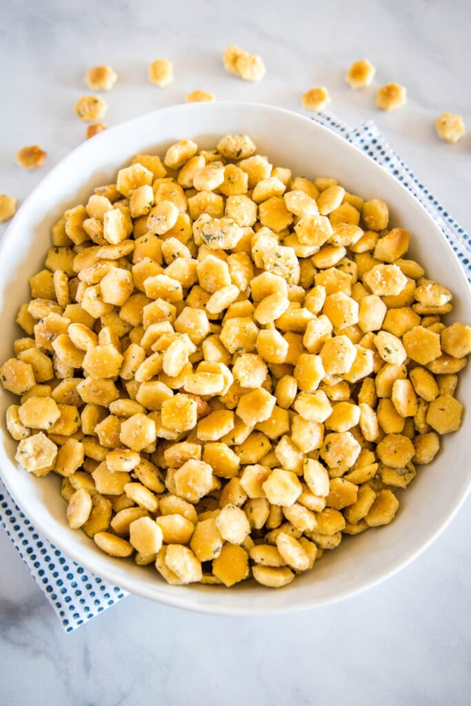 ranch flavored oyster crackers in white bowl