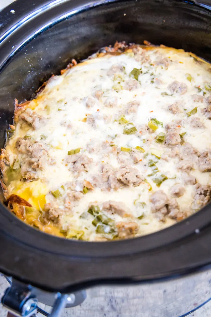 cooked breakfast casserole in the slow cooker