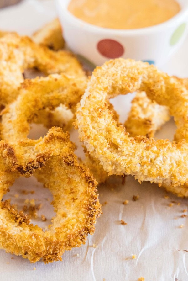 close up of air fried onion rings