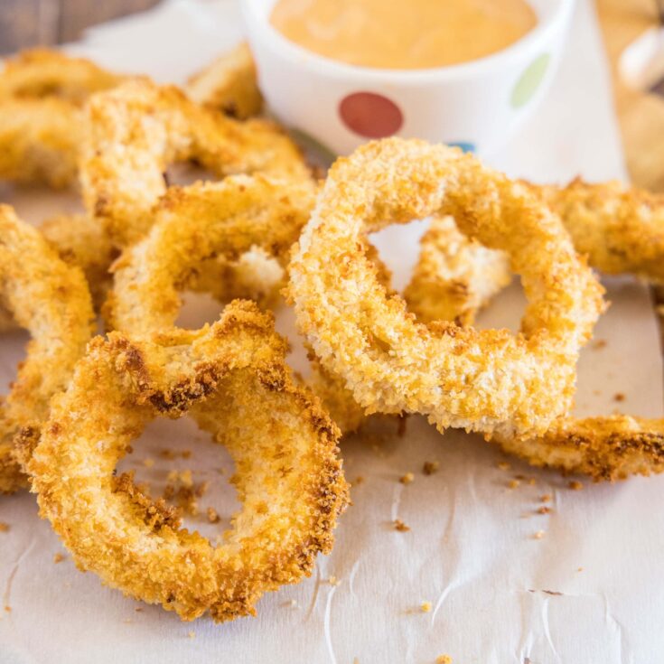 close up of air fried onion rings