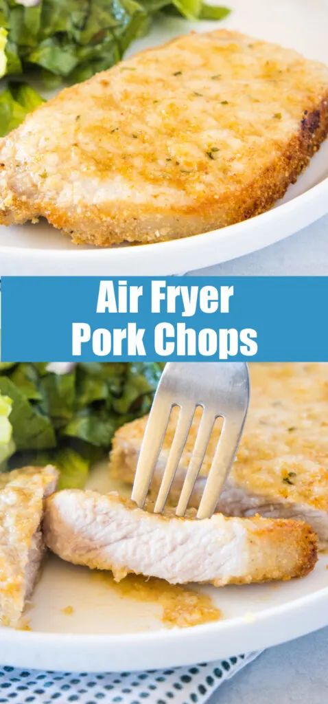 air fryer pork chop on a white plate with salad