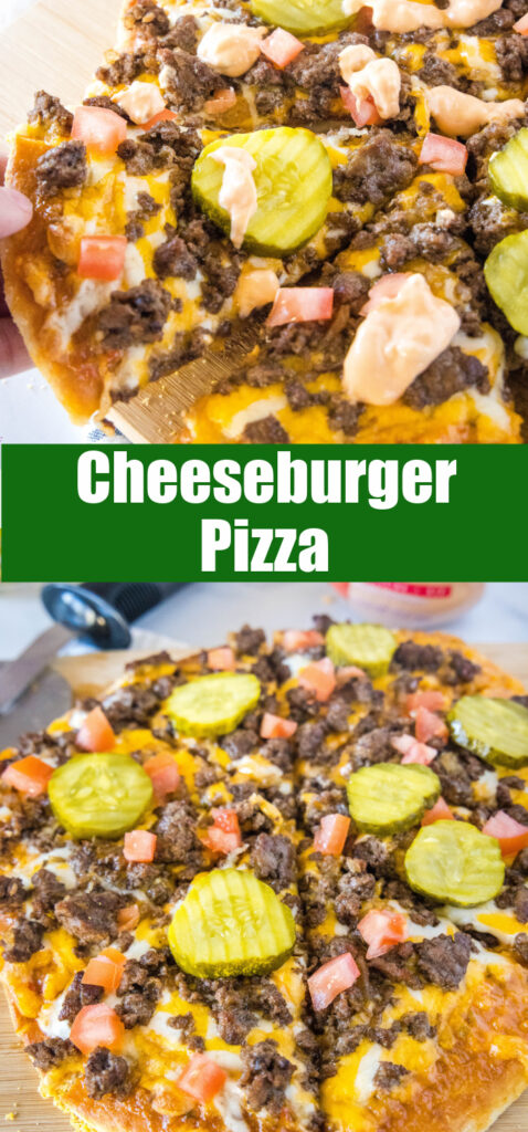 close up of cheeseburger pizza sliced for pitnerest collage