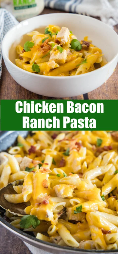 collage of chicken bacon ranch pasta in the skillet and served in a bowl