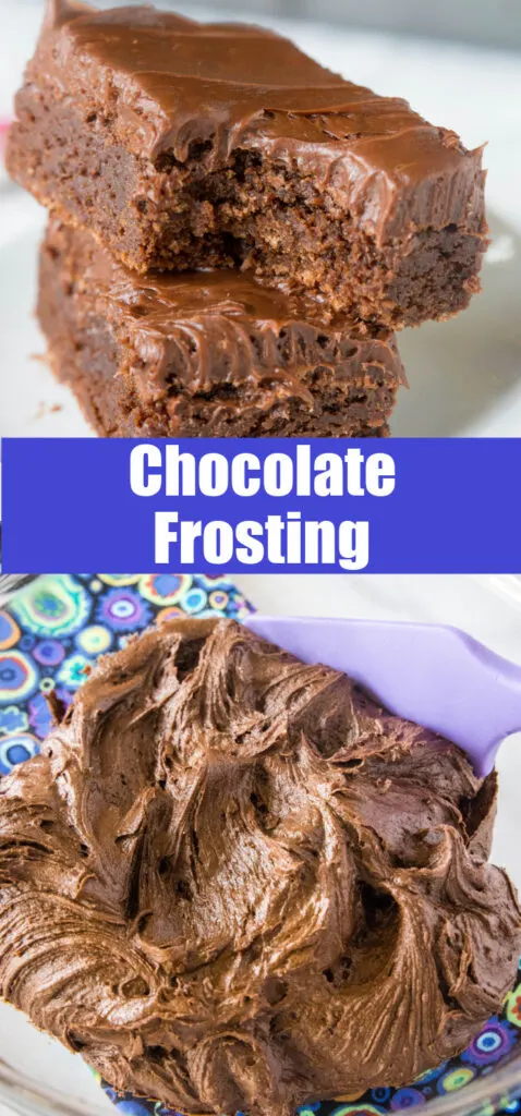 chocolate frosting in a bowl and on brownies