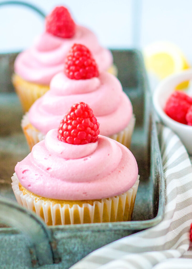 close up of lemon raspberry cupcakes