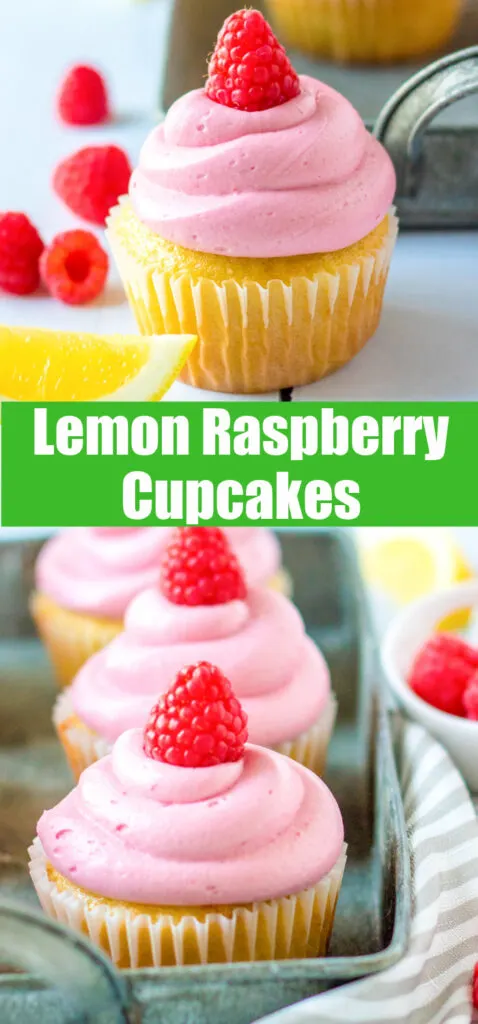 pinterest collage of lemon raspberry cupcakes close up