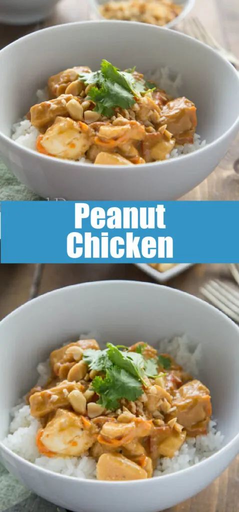 peanut chicken over rice in a bowl