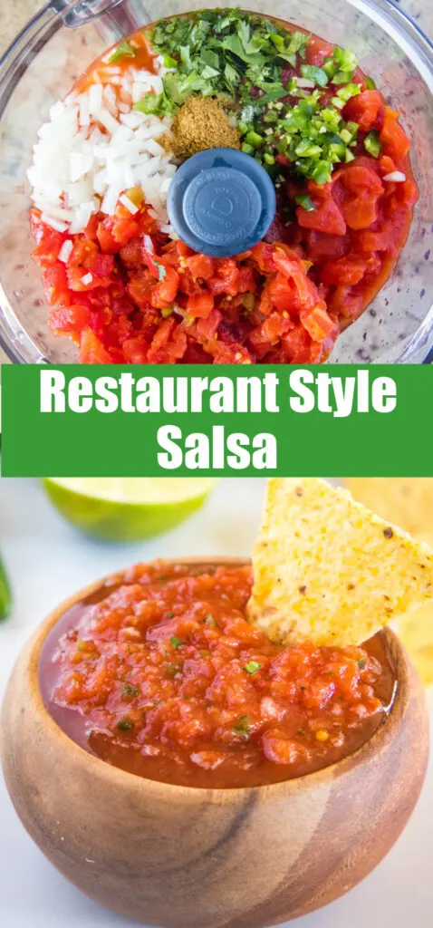 collage of salsa ingredients and finished product in a bowl for pinterest