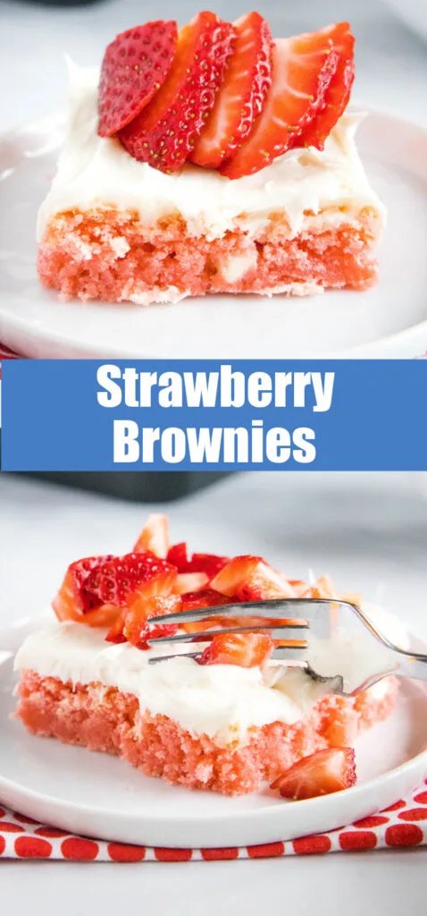 close up strawberry brownies for pinterest collage