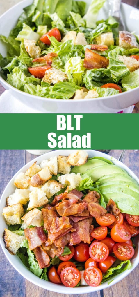 close up blt salad in a bowl for pinterest