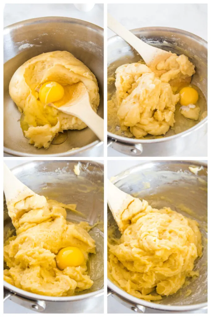 how to make churro batter with the stages of eggs being mixed in