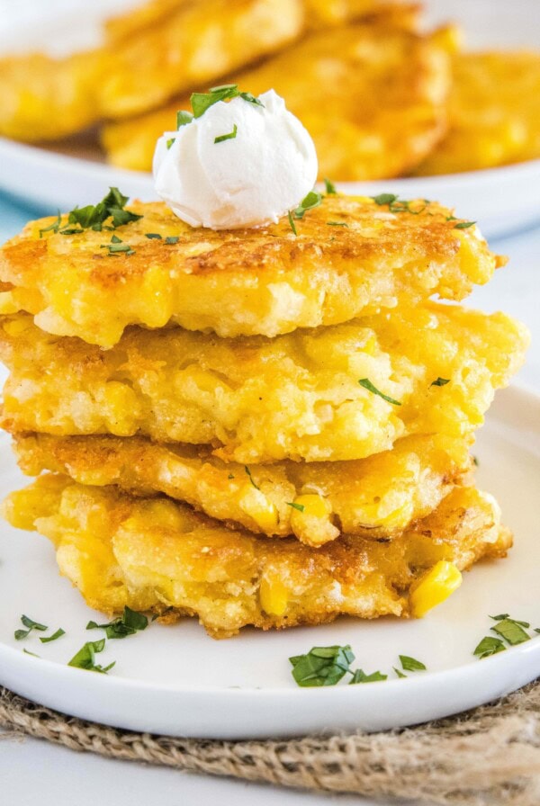 close up stack of corn fritters