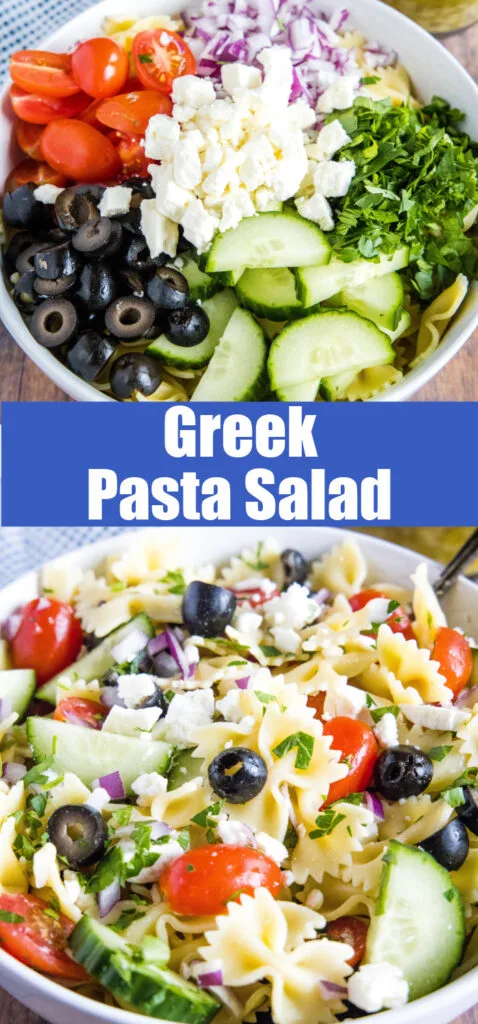 close up of greek pasta salad in bowl