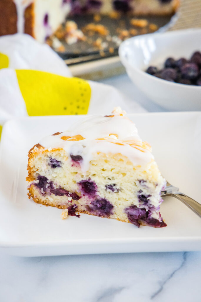 looking down on white plate with slice of lemon blueberry cake