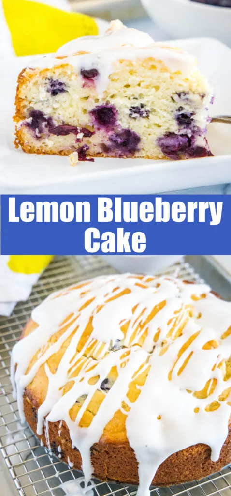close up lemon blueberry cake for pinterest collage