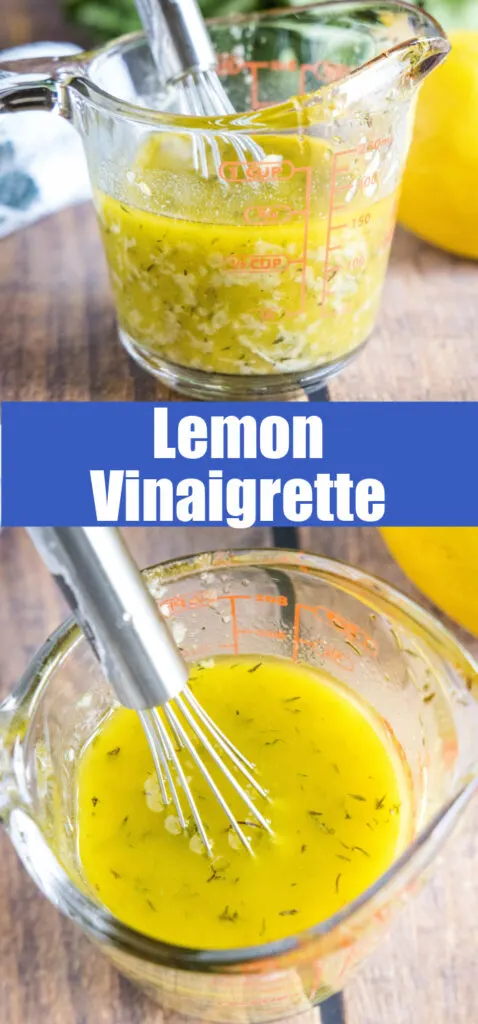 close up lemon vinaigrette in liquid measuring cup