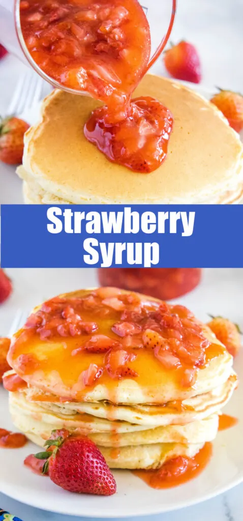 strawberry sauce on pancakes for pinterest collage