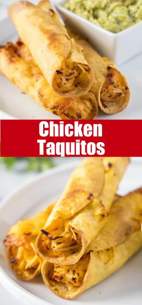 taquitos with chicken on a plate with guacamole