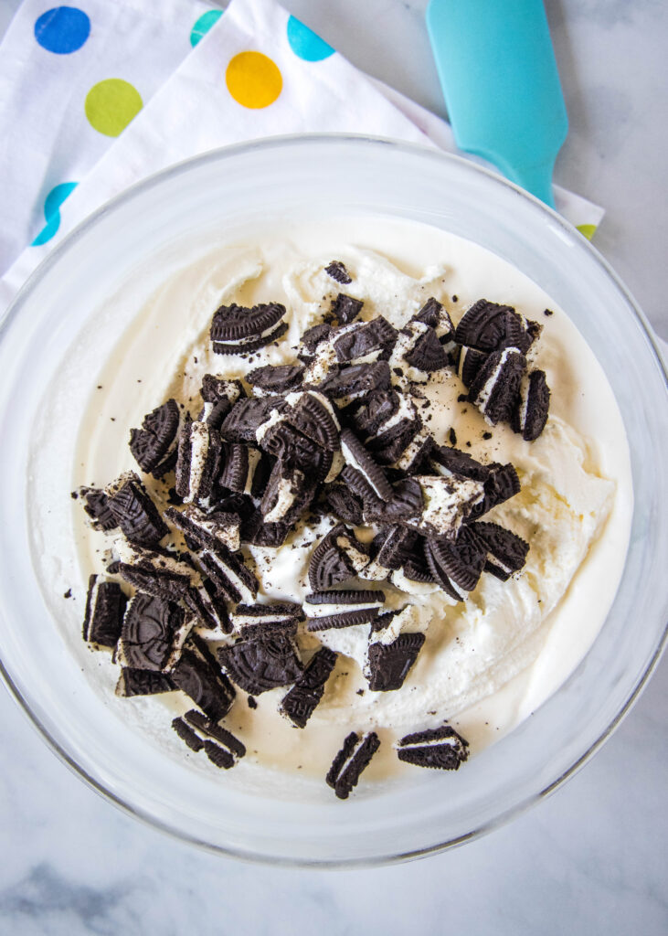 frozen ice cream with oreo pieces being mixed in