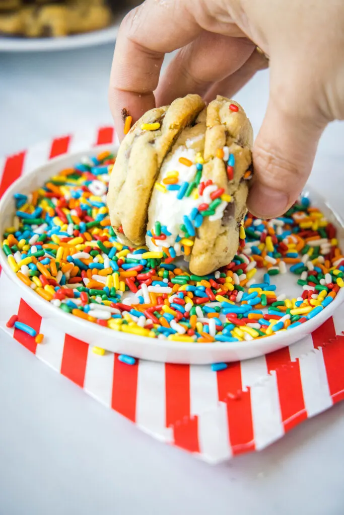 rolling chipwich through sprinkles