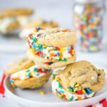 close up cookie ice cream sandwich on a plate