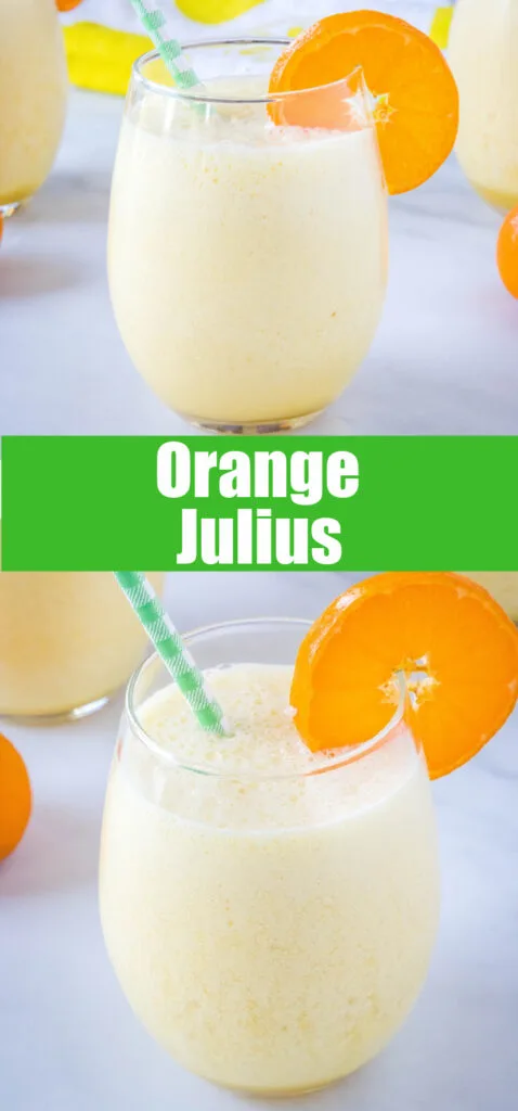 pinterest collage of close up orange julius drink in a glass with a straw