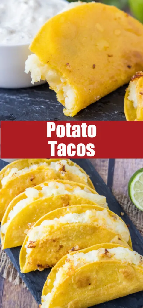 collage of potato tacos on a tray and one with a bite out of it