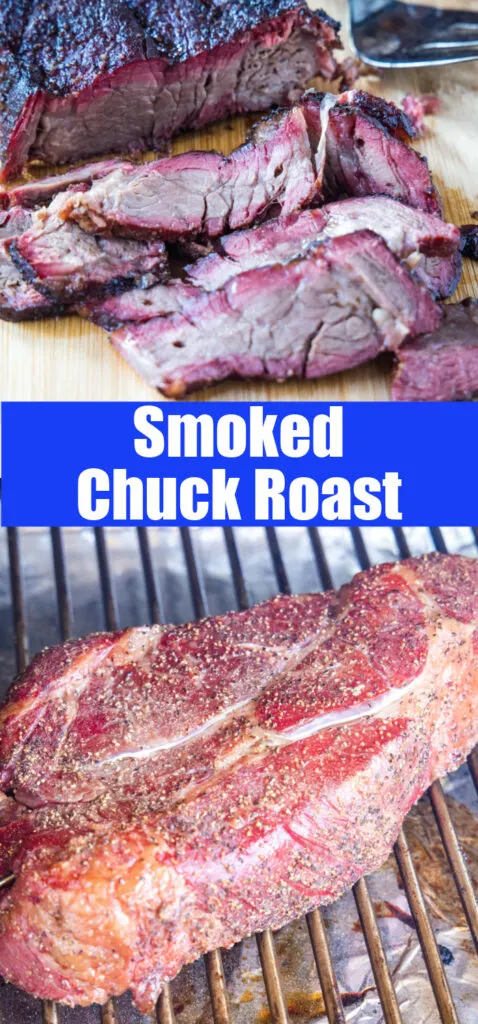 collage of sliced beef chuck roast and chuck roast cooking on the smoker