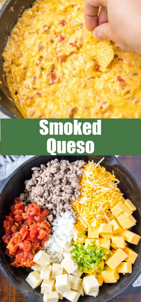 smoked queso ingredients and finished dip in a collage