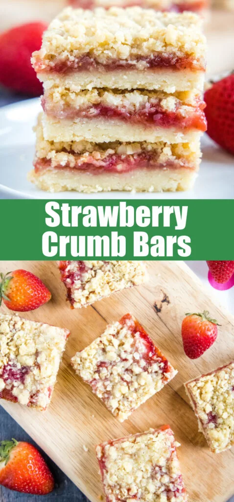 close up strawberry crumb bars for pinterest