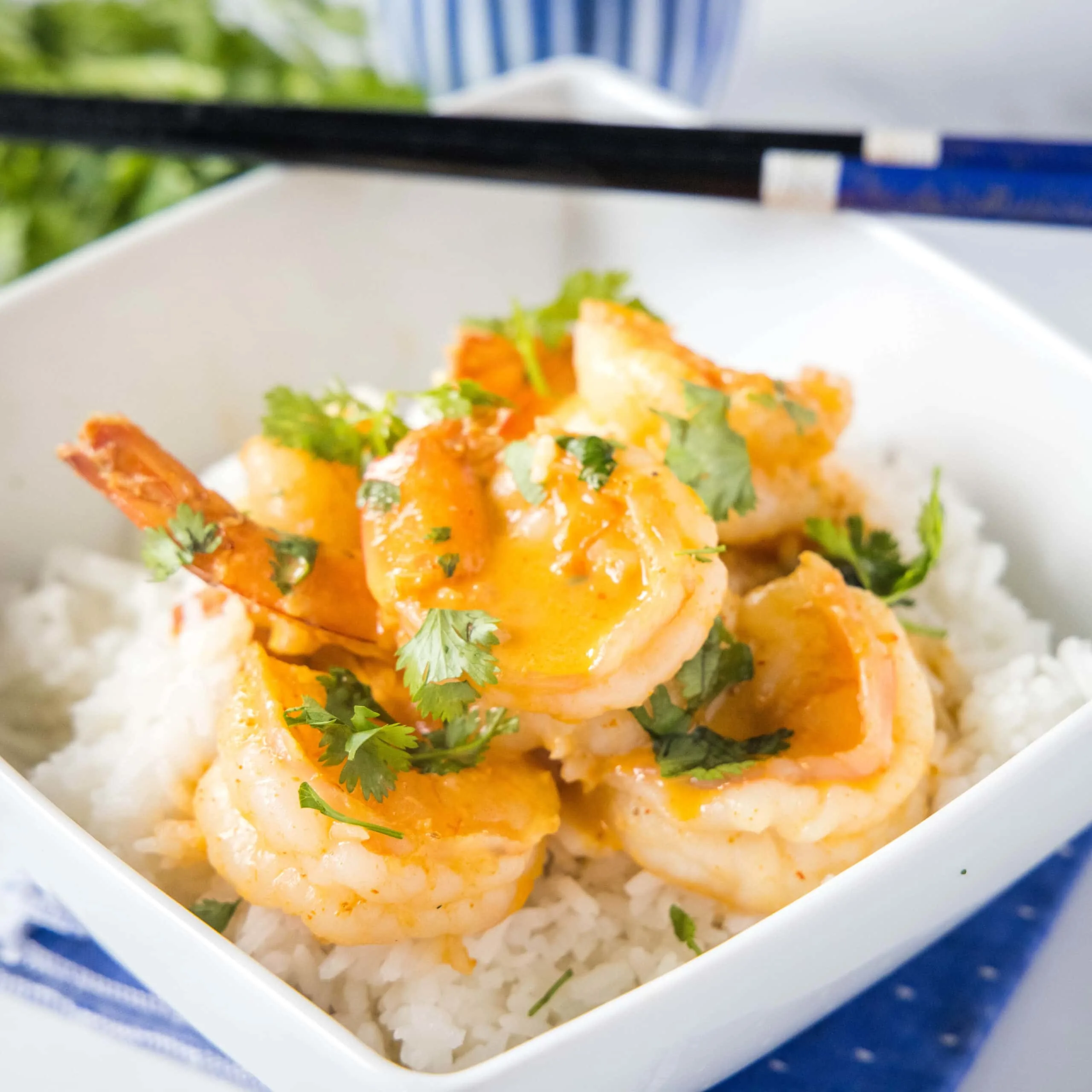 close up of shrimp in coconut curry sauce