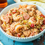close up of slow cooker jambalaya in a bowl