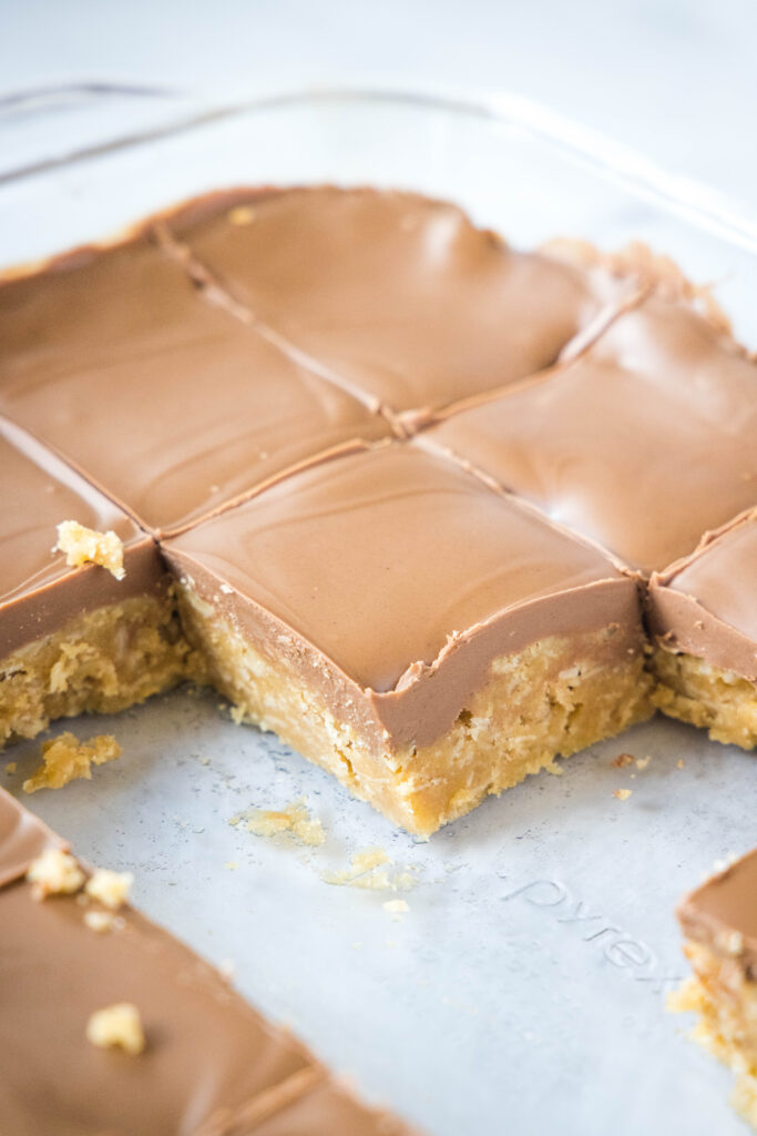 peanut butter oatmeal bars cut into slices in baking tray