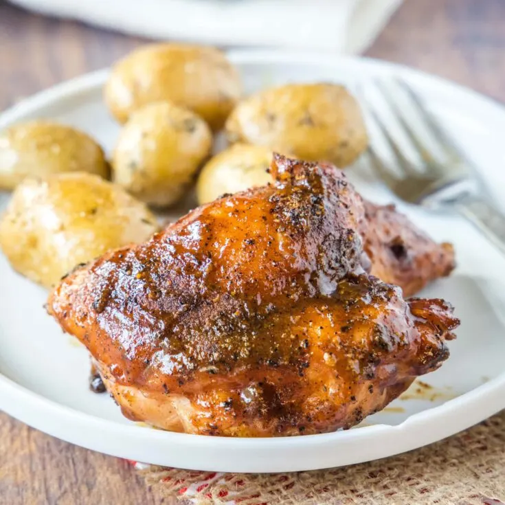cropped image of a chicken thigh with barbecue sauce on a plate
