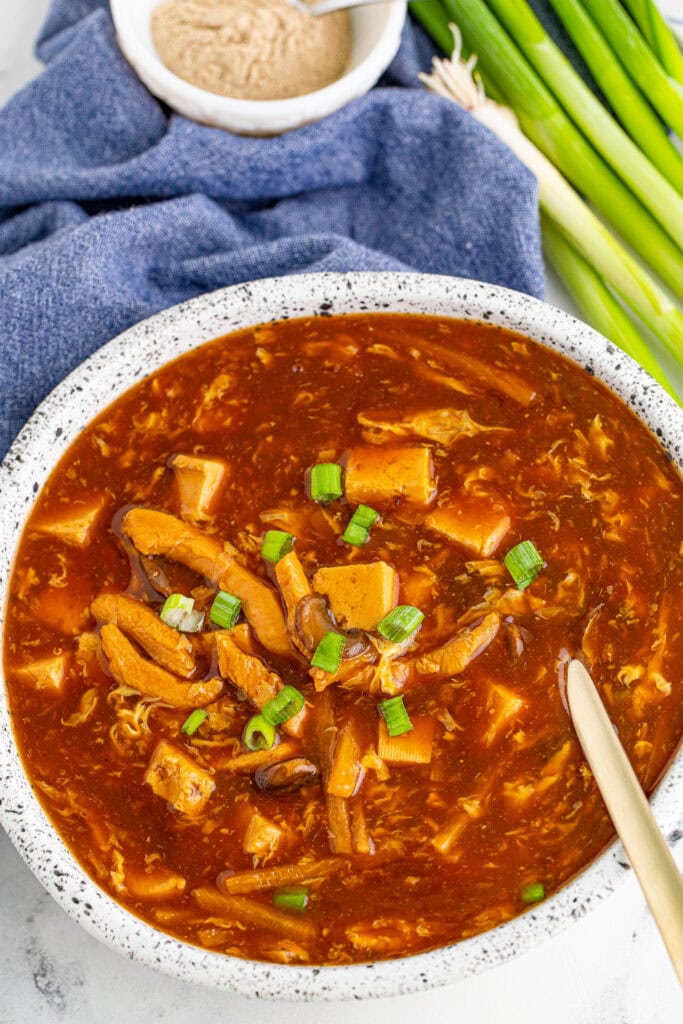 looking down on a bowl of hot and sour soup