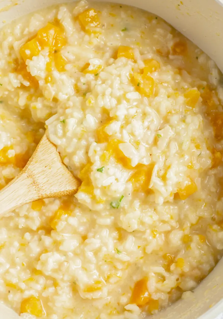 cooking squash risotto in a skillet