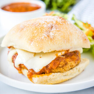 cropped in close of up chicken parmesan sandwich