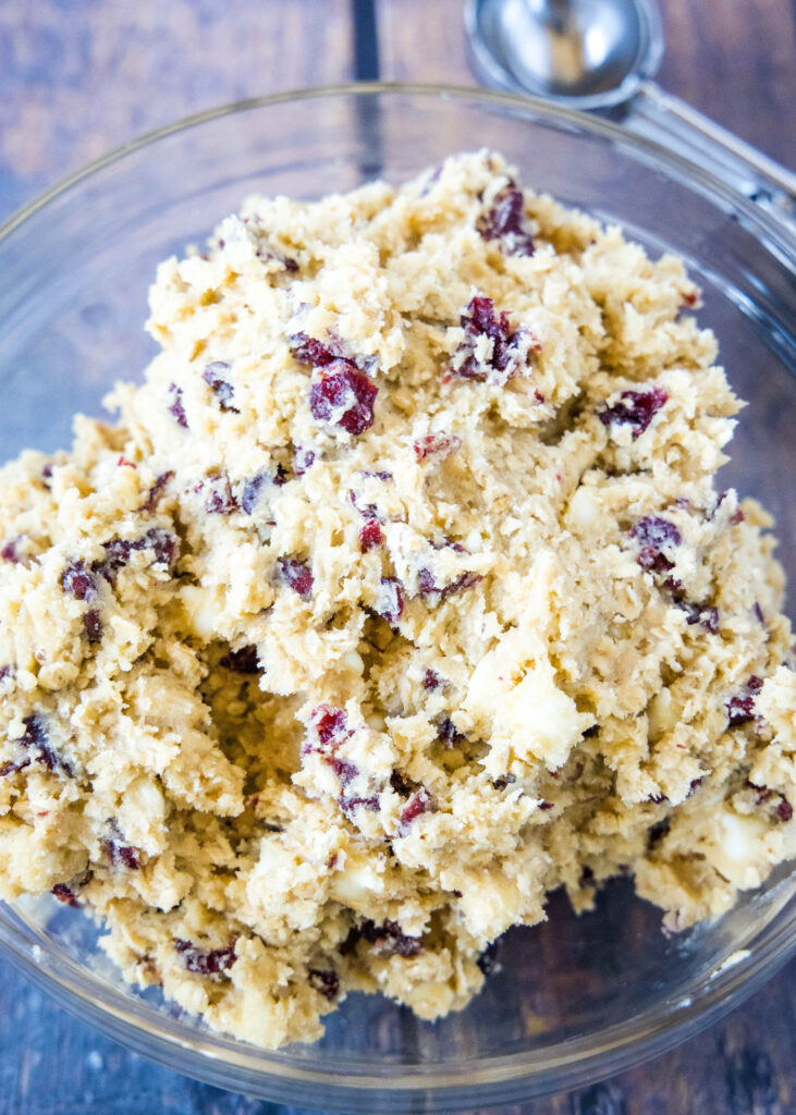 oatmeal cranberry cookie dough in a mixing bow