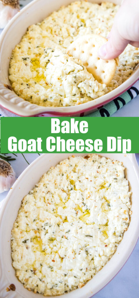 close up of baked goat cheese dip in pan