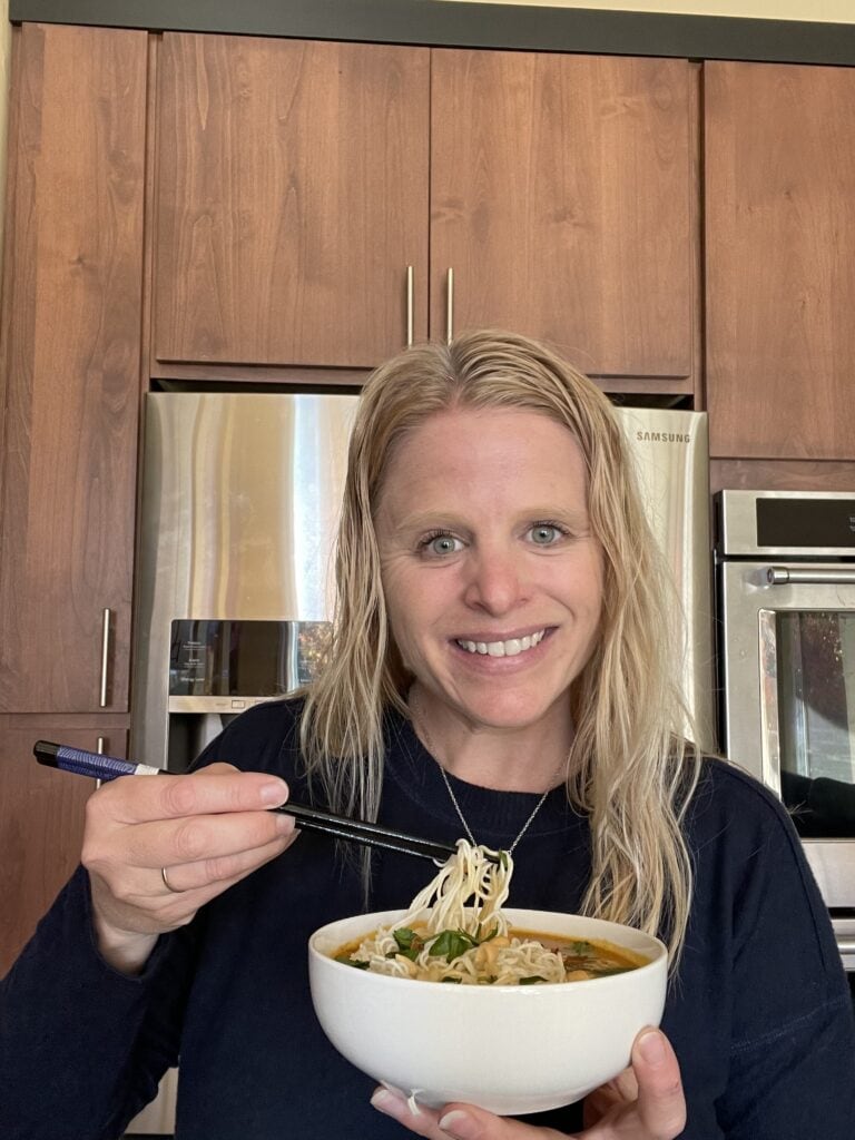 eating bowl of butternut squash ramen