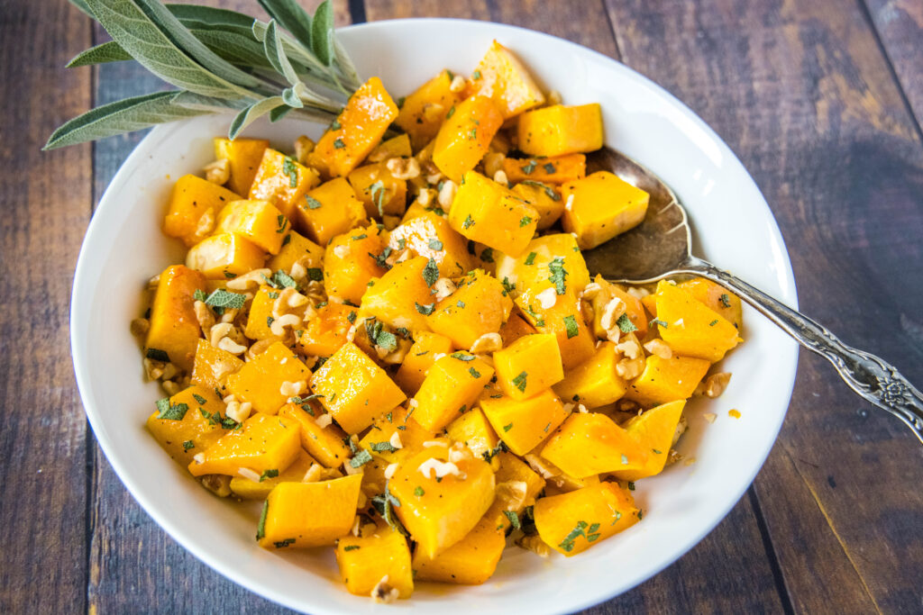 Roasted Butternut Squash - roasted butternut squash that is tossed with butter, sage, and toasted walnuts.  Great side dish for fall. 