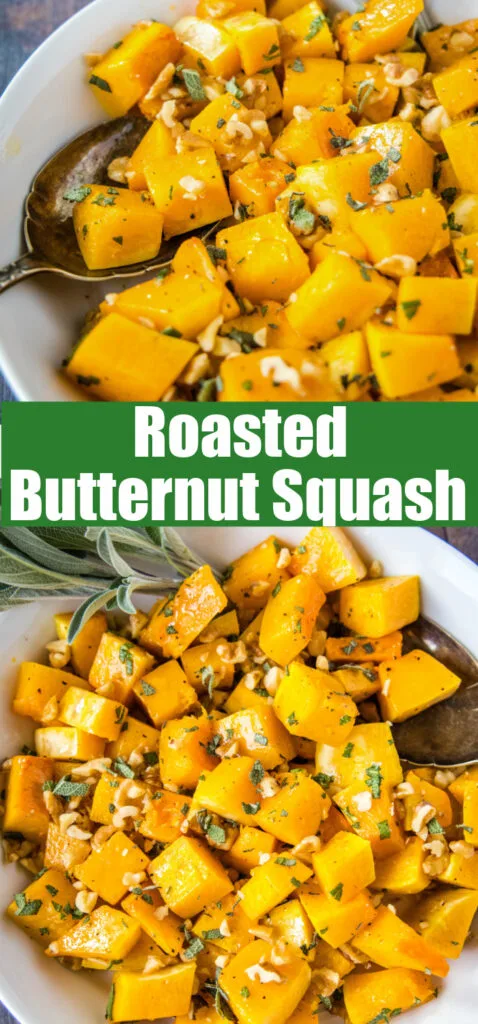 close up butternut squash with sage and walnuts in a white bowl