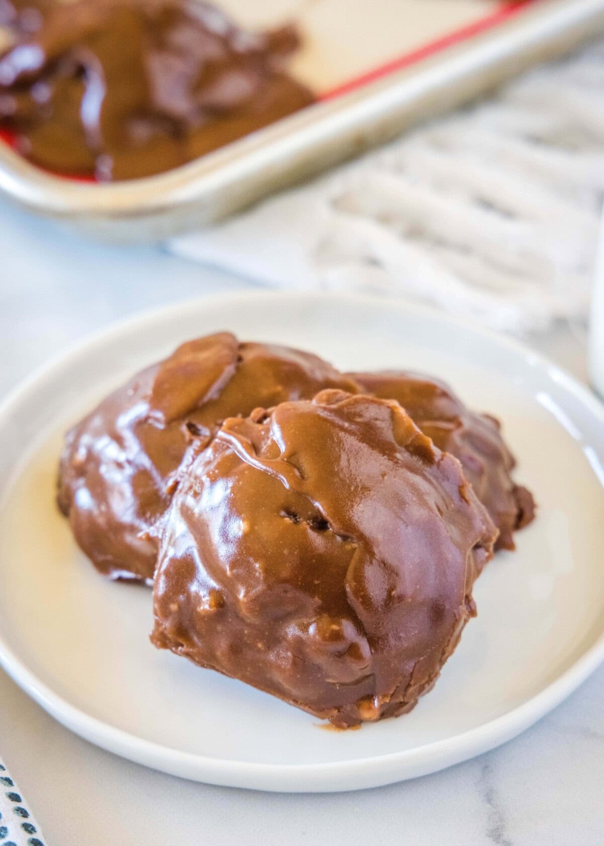 chocolate sheet cake cookies arranged on a plate