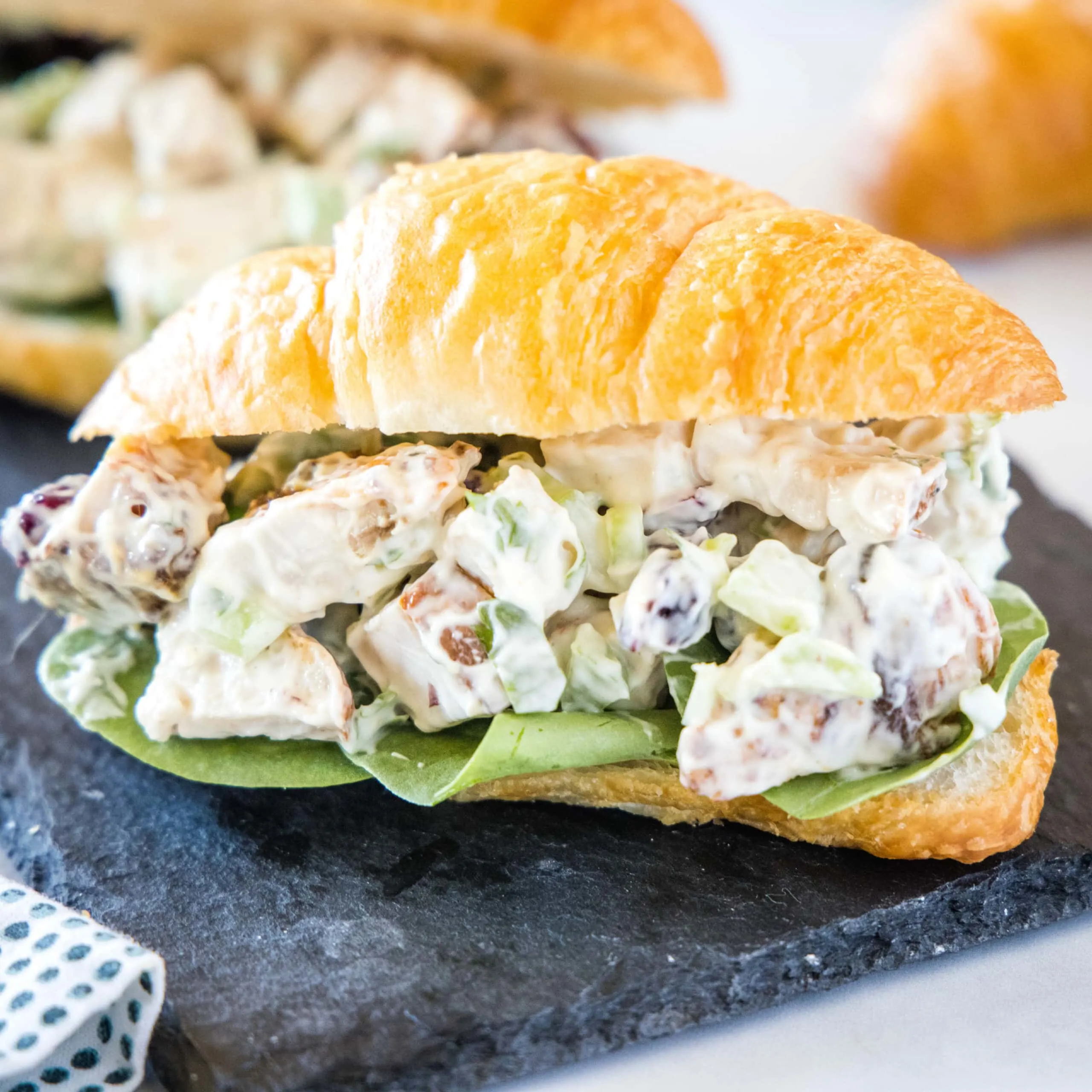cropped in close up of turkey salad sandwich on a croissant