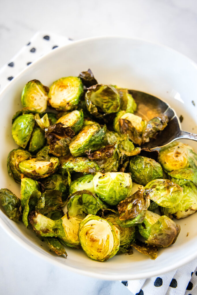 brussel sprouts in a white bowl