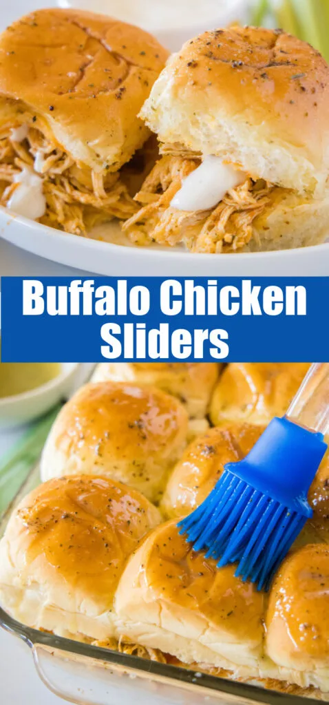 buffalo chicken sliders on a white plate with ranch dressing close up