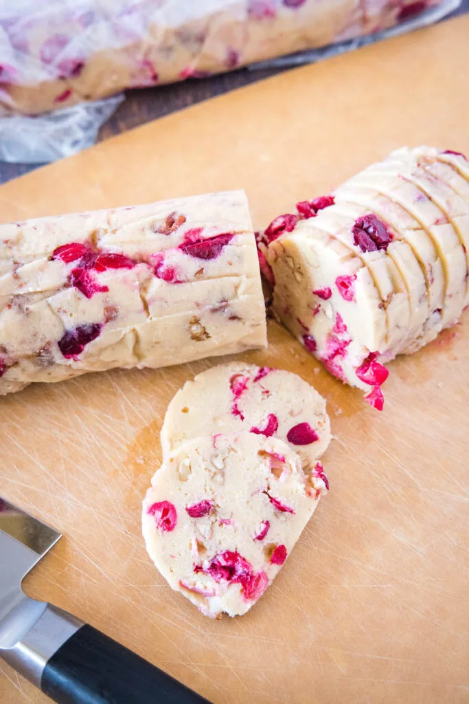 sliced icebox cookie dough on cutting board