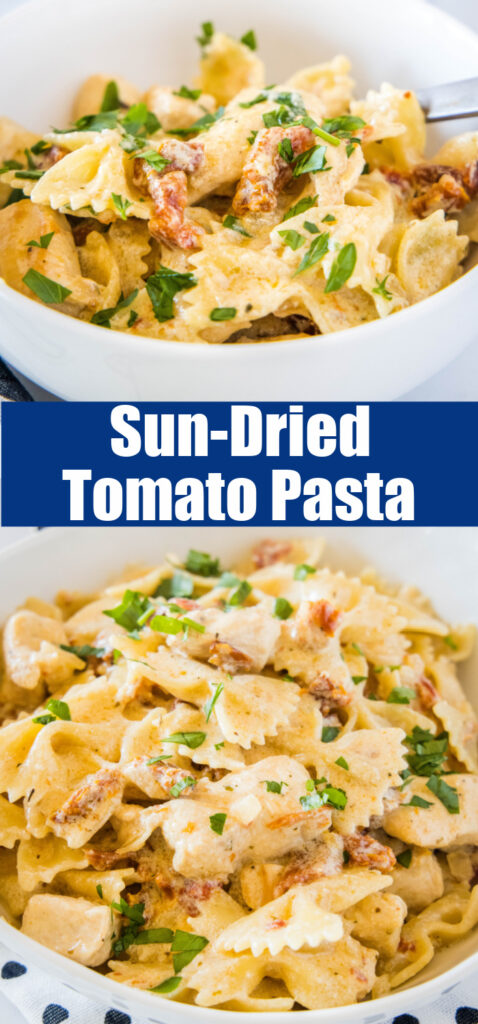 close up sun-dried tomato chicken pasta in a bowl