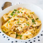 cropped in close up of creamy sun-dried tomato chicken pasta