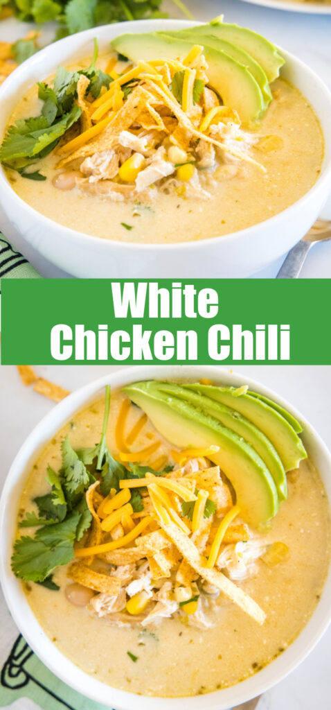 close up bowl of white chicken chili for pinterest